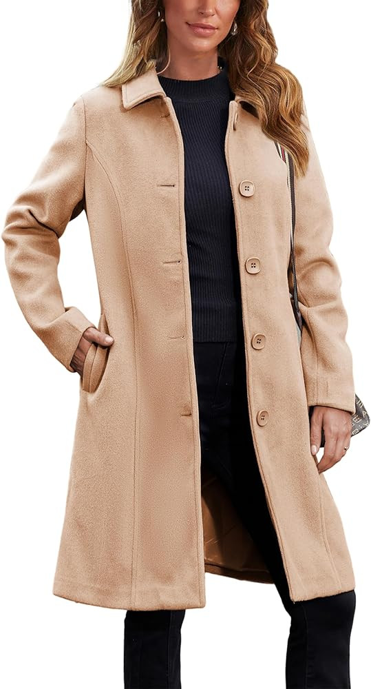 UANEO Womens Peacoat Faux Wool Blend Single Breasted Long Trench Coat Dress Overcoat Winter with ... | Amazon (US)