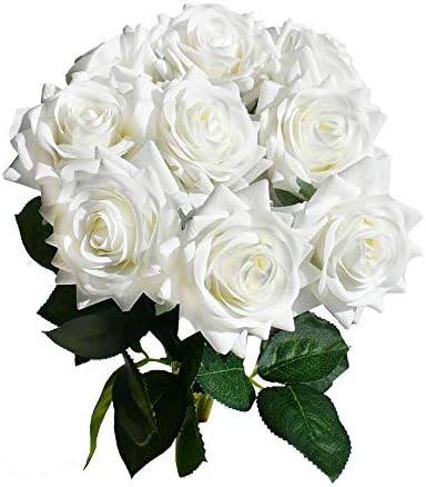 Mandy's Artificial Real-Touch 17" White Silk Roses Flowers for Home Decoration Bridal Wedding Bou... | Amazon (US)