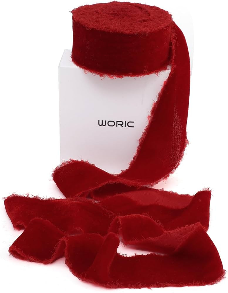 Red Velvet Ribbon 1 1/2 Inch 5 Yards Frayed Edge Velvet Ribbon for Christmas Tree Gift Wrapping F... | Amazon (US)