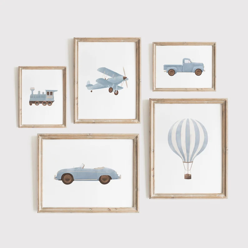 Vintage Travel Boy Nursery Wall Art, Printable Transportation Nursery Decor, Blue Hot Air Balloon... | Etsy (US)