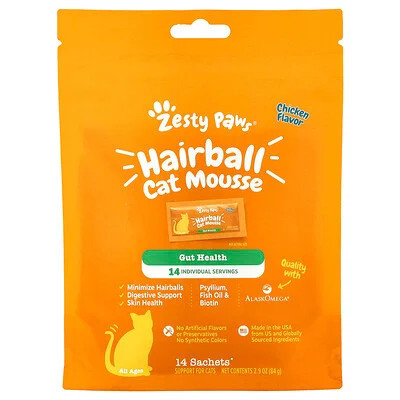 Zesty Paws, Hairball Cat Mousse, All Ages, Chicken, 14 Sachets, 0.2 oz (6 g) Each | iHerb