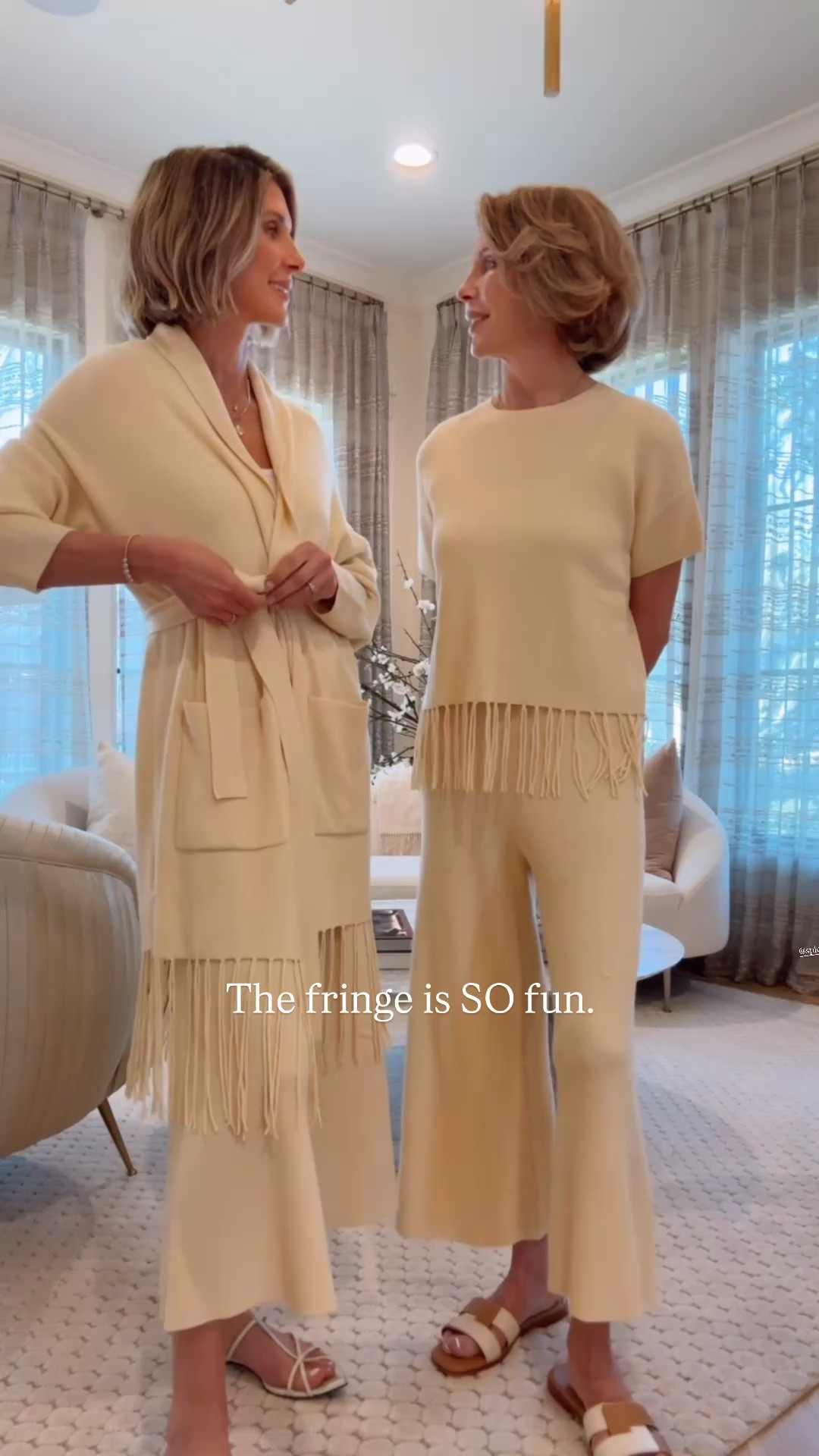 My mom and I wearing the fringe pieces in the collection. She's in size xs and is 5'4 
I'm 5'7 in smalls 