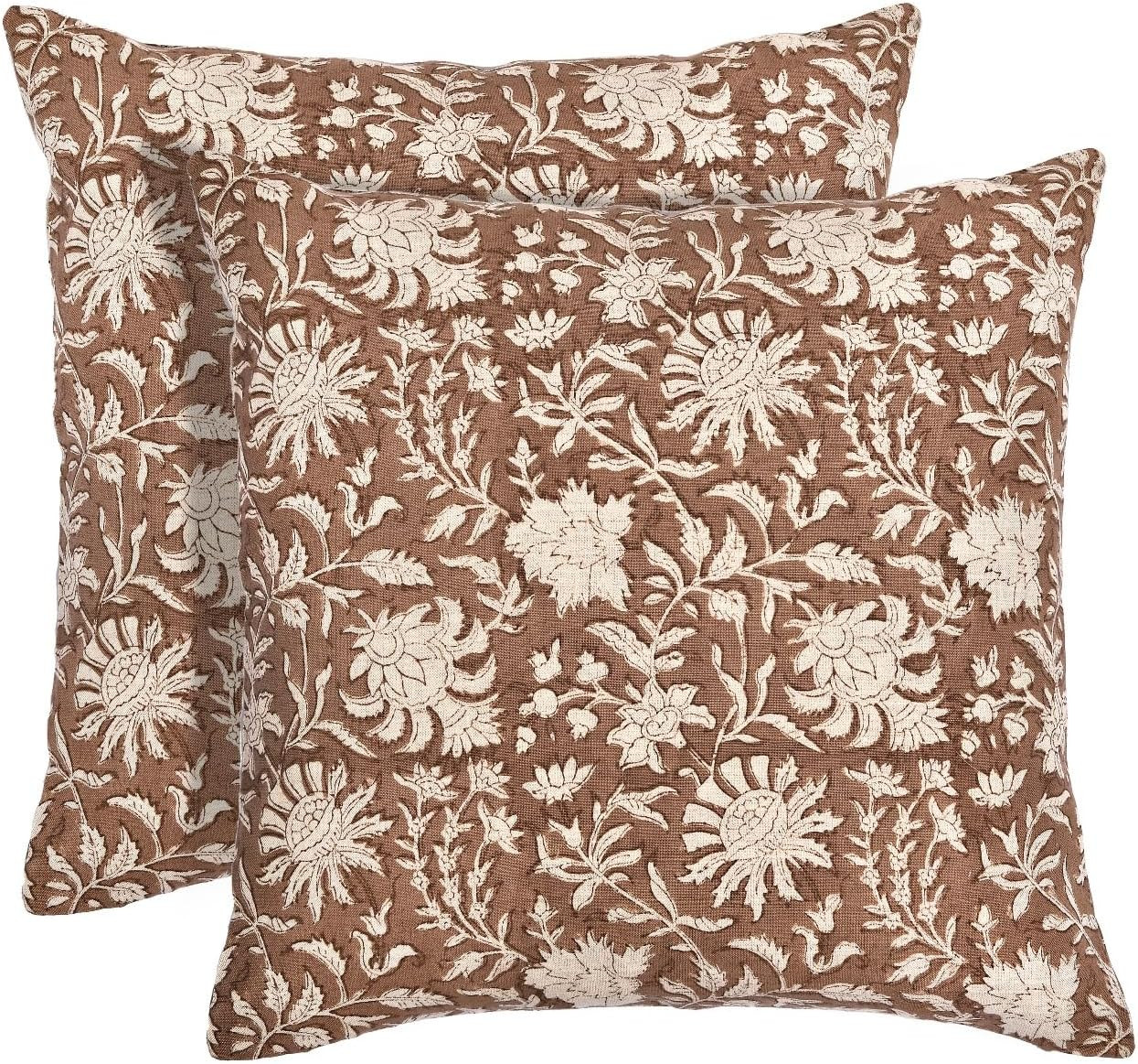 Brown Floral Pillow Covers 18x18 - Set of 2 Washable Cotton Hand Block Print Pillow Covers with H... | Amazon (US)