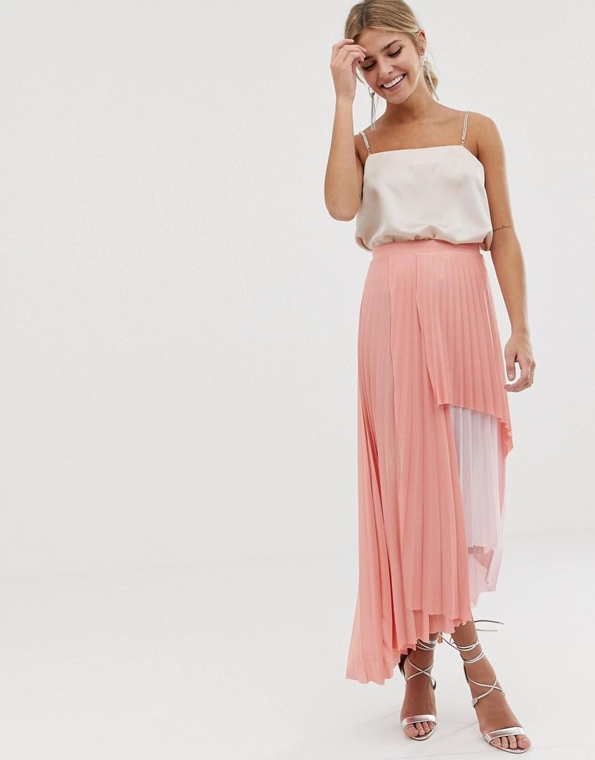 ASOS DESIGN pleated tiered maxi skirt in pink colour block | ASOS UK