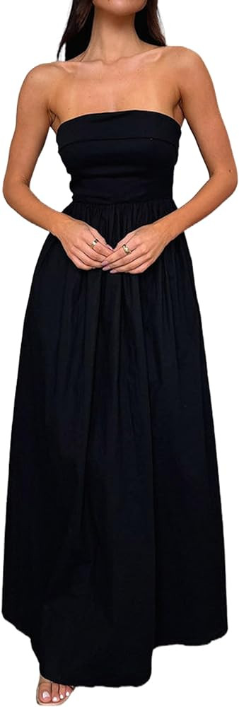 Women Summer Strapless Maxi Tube Dress 2024 Trendy Solid Pleated Flowy Dress Wedding Guest Maxi D... | Amazon (US)
