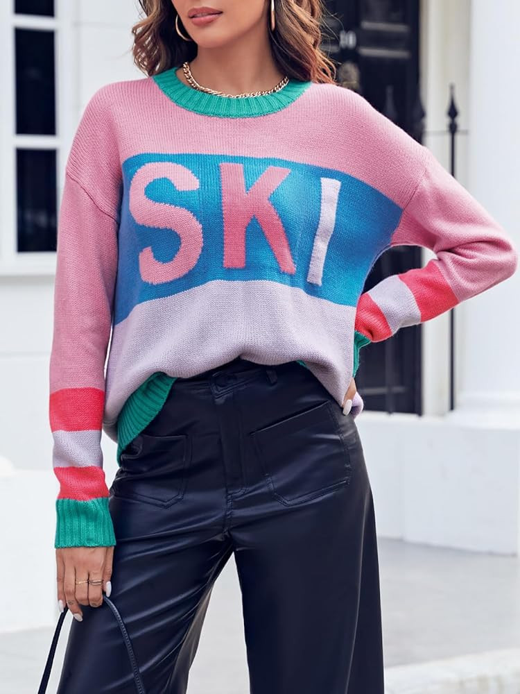 Saodimallsu Womens Color Block Oversized Sweater Ski Print Fall Trendy Crew Neck Long Sleeve Pull... | Amazon (US)