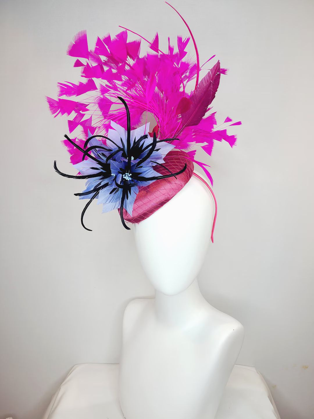 Kentucky Derby Hat Fascinator Fuchsia Pink Satin With Netting Pillbox With Periwinkle Blue Flower... | Etsy (US)