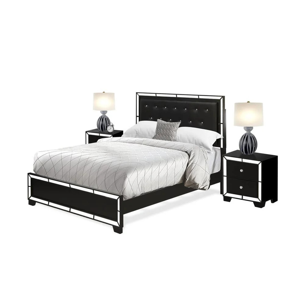 NE11-Q2N000 3-PC Nella Bedroom Set with Button Tufted Queen Bedframe and 2 Modern Nightstands - Black Leather Headboard and legs | Shop Simon