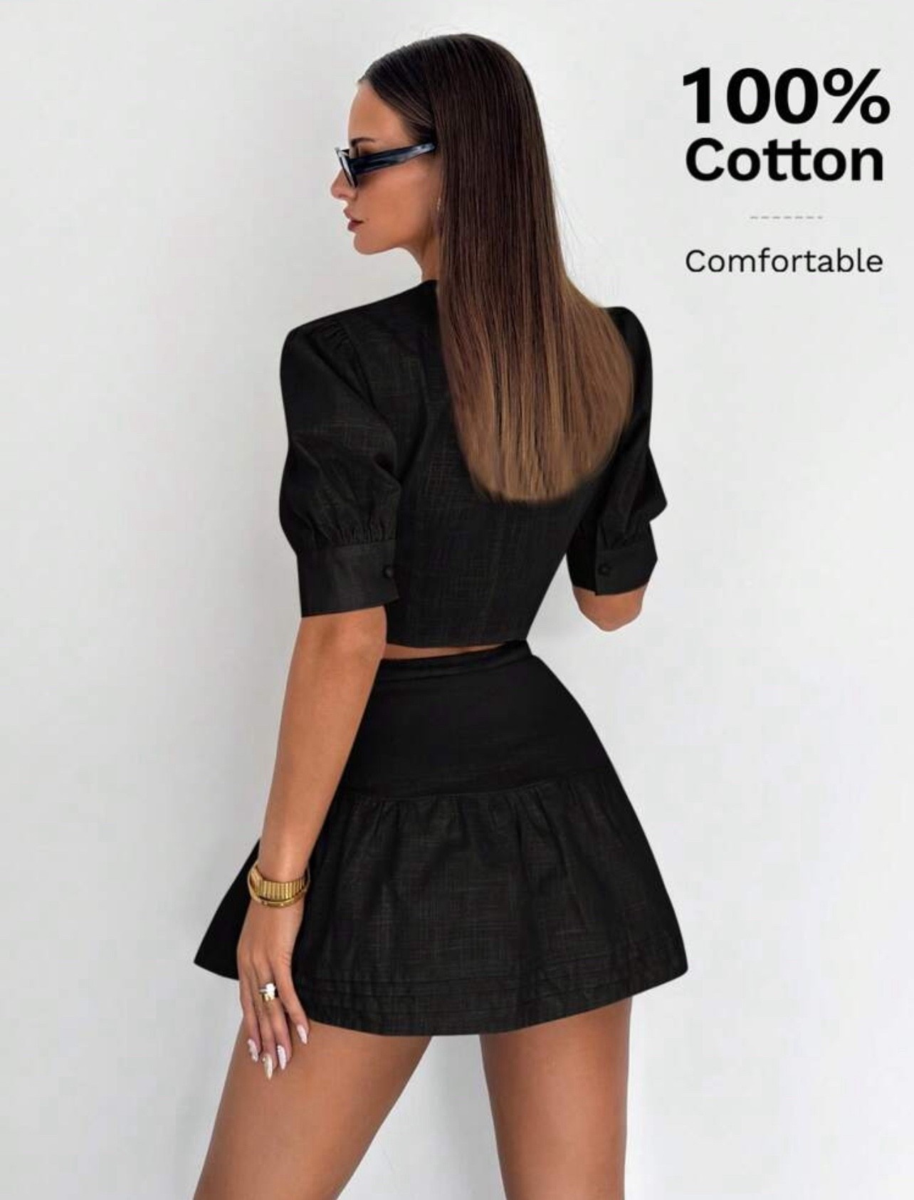 Siren Gaze Women 100% Cotton Linen Round Neck Short Puff Sleeve Single-Breasted Top And Mini Skirt 2pcs Set Winter Black Casual Black Spring.
Comes in 5 colors.
Size: XS/2-L/10