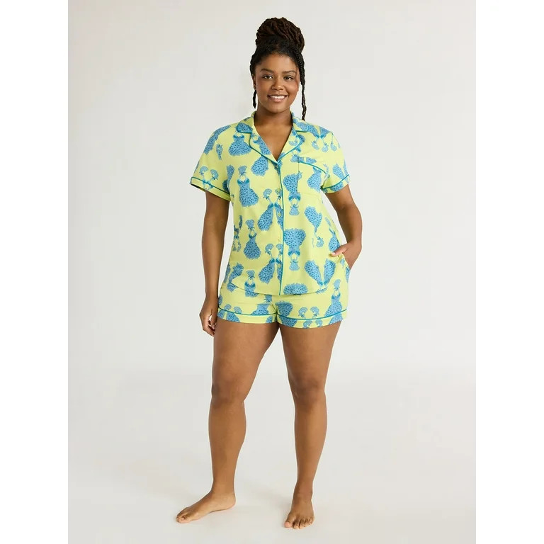Joyspun Women's Knit Notch Collar Top and Shorts Pajama Set, 2-Piece, Sizes S to 3X | Walmart (US)