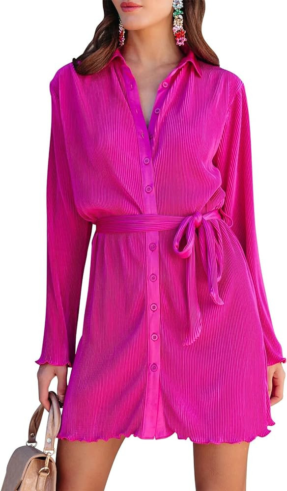 Neufigr Shirt Dresses for Women Summer Dresses Vneck Long Sleeve Mini Button Down Dress Casual Ruffle Tunic Tops with Belt | Amazon (US)