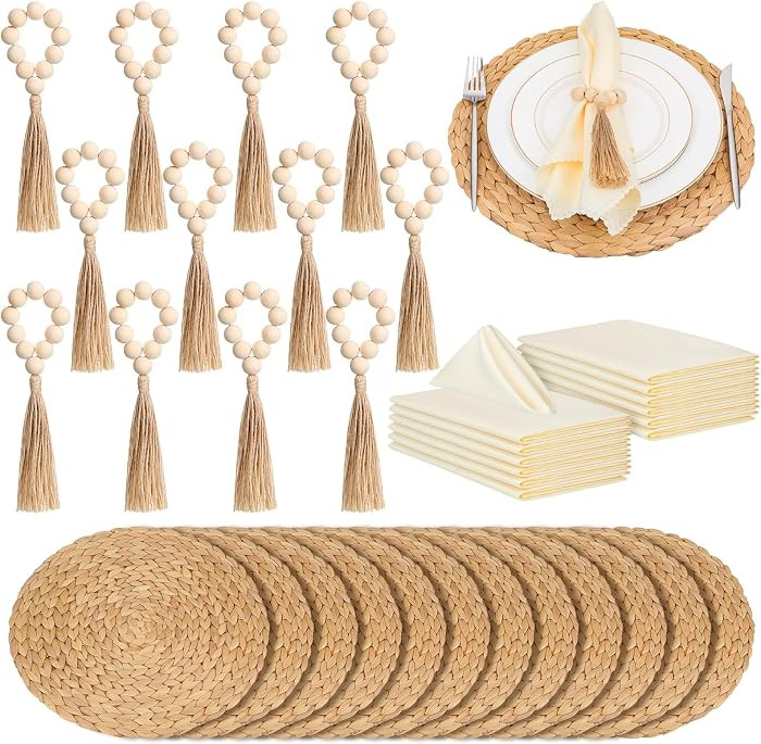 Gejoy 36 Pcs Boho Woven Placemats Wood Bead Napkin Rings with Dinner Napkins Cloth 13.8 Inch Roun... | Amazon (US)