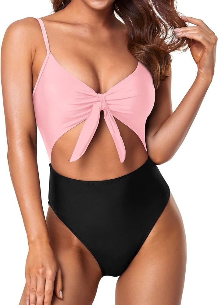 Tempt Me Sexy Cutout One Piece Swimsuit for Women High Cut Monokini Tie Knot Front Bathing Suit | Amazon (US)