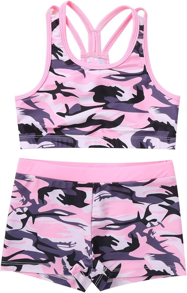 Moily Girls Gymnastics/Dance/Sports Two Piece Outfit Racer Back Crop Top with Booty Shorts Swimwe... | Amazon (US)