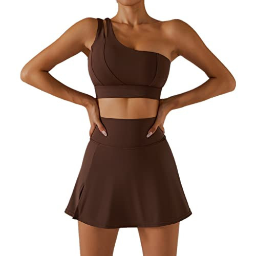 ABOCIW Women's Tennis Skirts One Shoulder Sport Bra Sets High Waisted Athletic Golf Skorts Skirt Cutout Medium Support Yoga Bra 2 Piece Workout Outfits Running Sports Activewear Coffee Small | Amazon (US)
