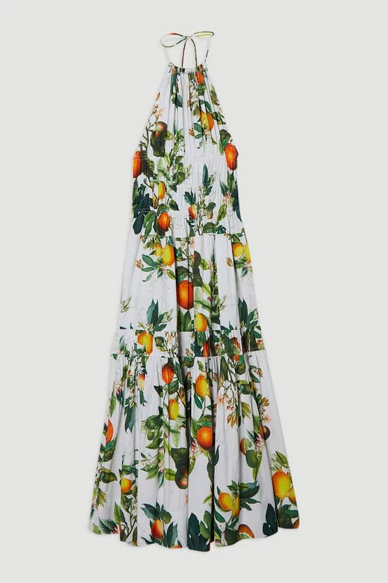 Shirred Cotton Tiered Fruit Print Halter Neck Woven Maxi Dress | Karen Millen US