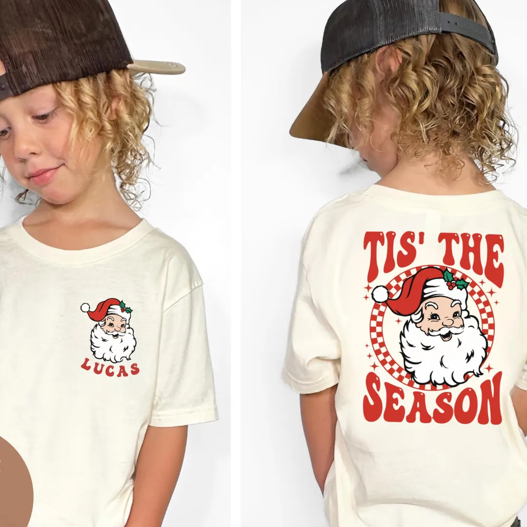Personalized Tis the Season Shirt, Kids Christmas Shirt, Retro Santa Christmas Tee, Boy Holiday O... | Etsy (US)