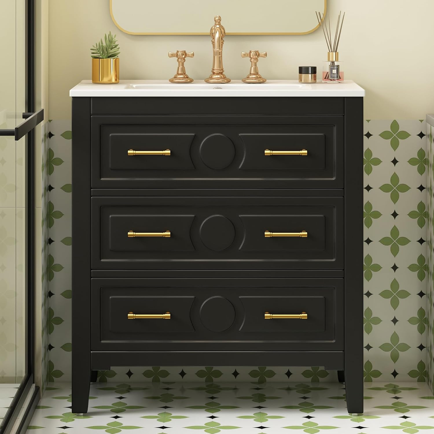 Merax 30" Bathroom Vanity with Sink Top, 3-Drawer Bathroom Vanity Storage Cabinet with Gold Pulls... | Amazon (US)