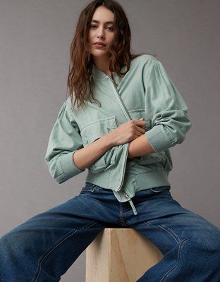 AE Linen-Blend Drape Cropped Bomber Jacket | American Eagle Outfitters (US & CA)