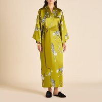 Olivia von Halle | Queenie Chanson Green Leopard Robe in Silk Satin | Women | Green Luxury Dressing Gowns | Silk Robe | Olivia von Halle
