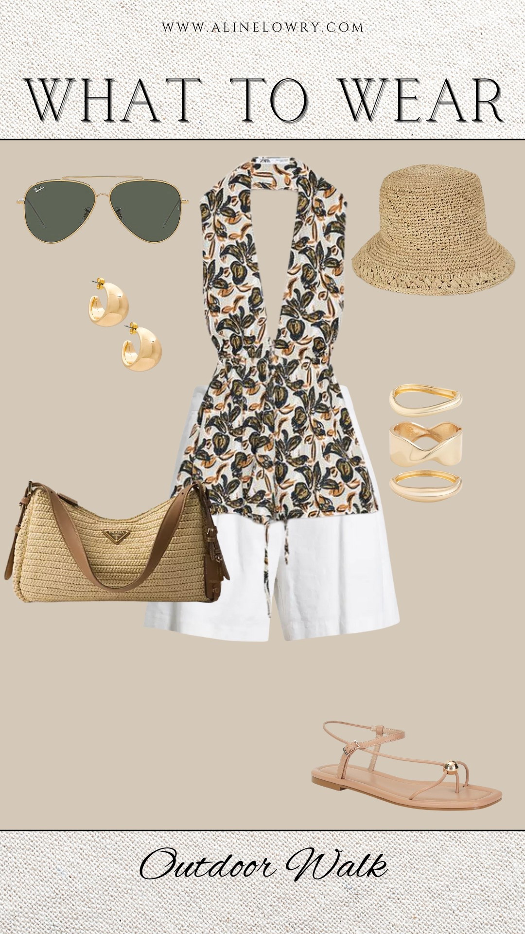 Outdoor walk outfit idea - beach walk outfit idea, linen shorts, printed shirt, straw bag. 

#LTKU #LTKSeasonal #LTKStyleTip