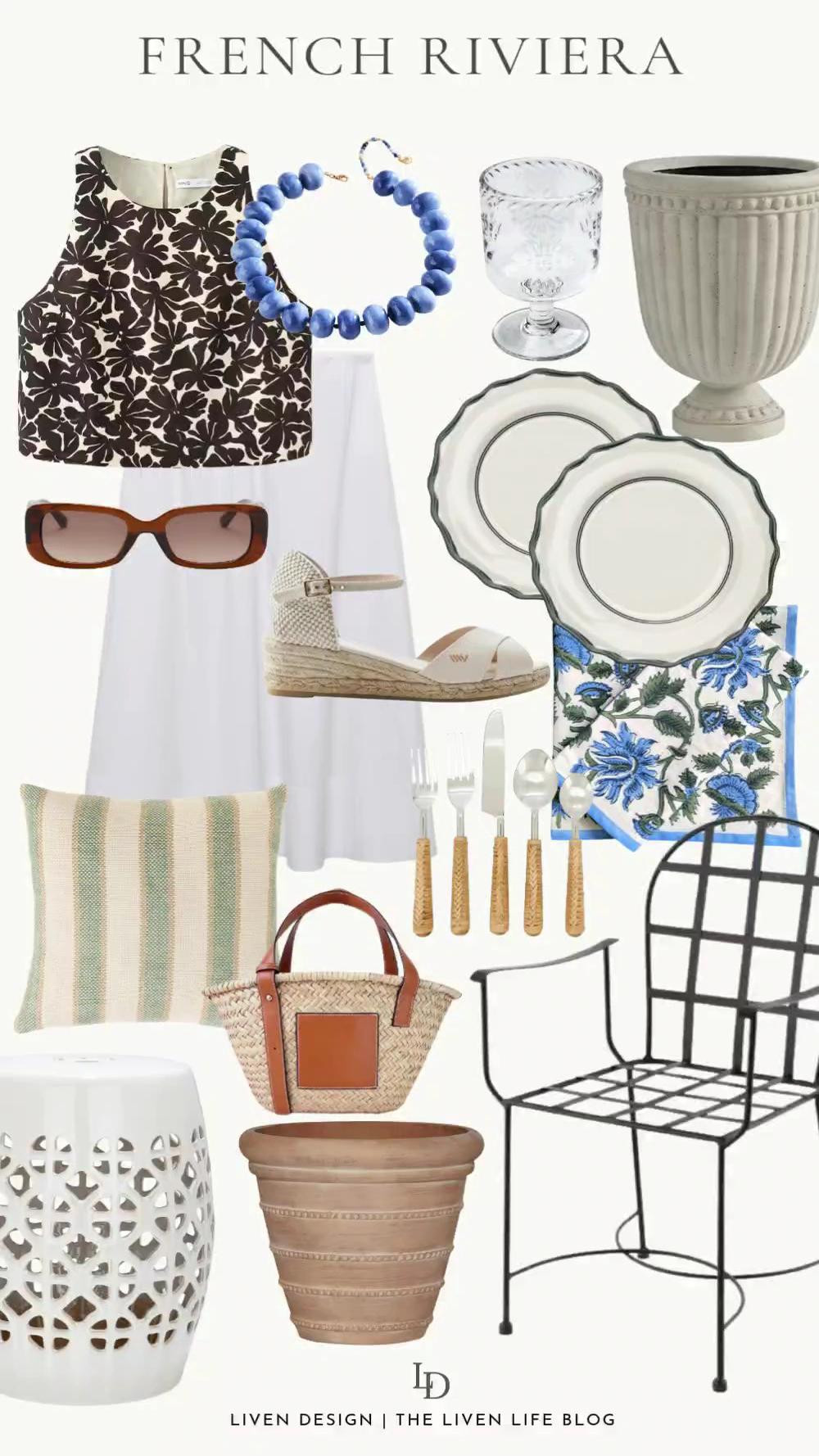 French Riviera chic. Summer style. Linen skirt. Midi skirt. Melamine plates. Planter. Urn. Floral napkins. Outdoor drinkware. Wedges. Beaded necklace. Statement necklace. French style iron patio chairs. 

#LTKSeasonal #LTKSaleAlert #LTKHome