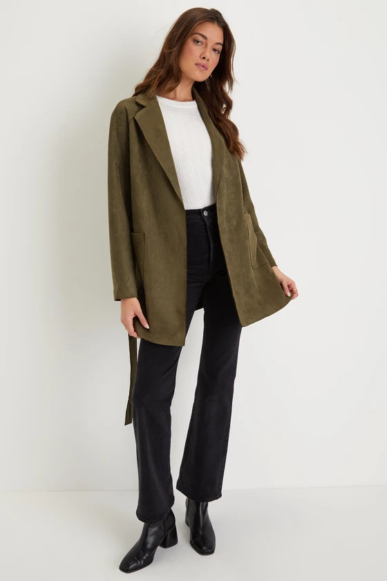 Always Elevated Olive Green Vegan Suede Collared Trench Coat | Lulus (US)