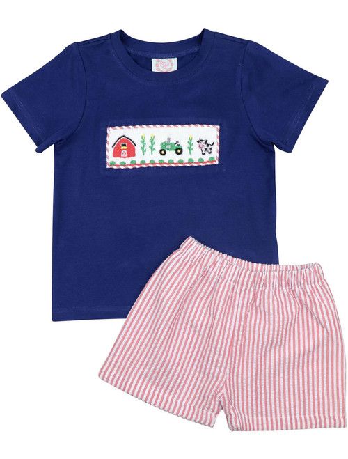 Navy And Red Seersucker Smocked Farm Short Set | Cecil and Lou