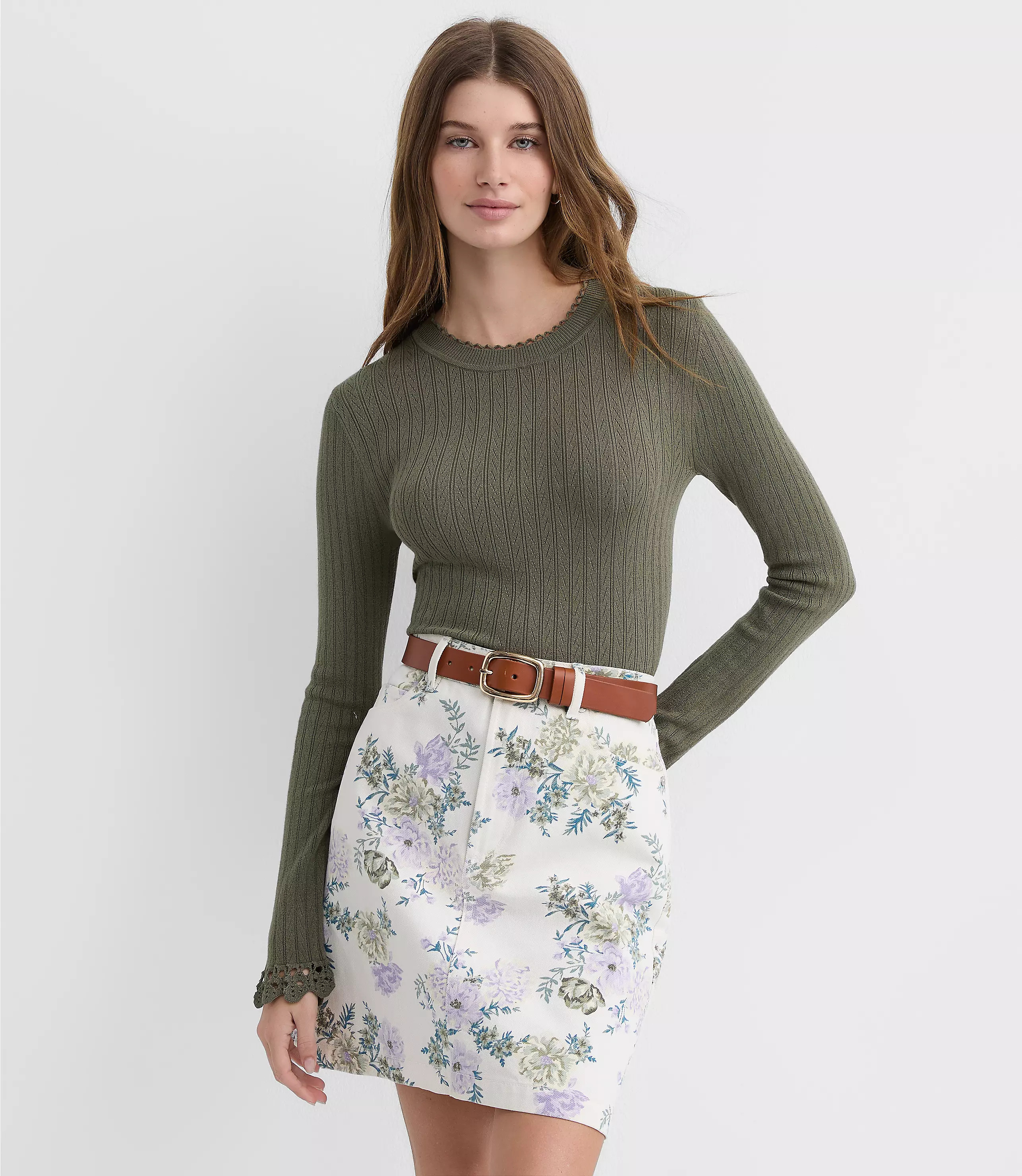 Crochet Trim Pointelle Sweater | LOFT