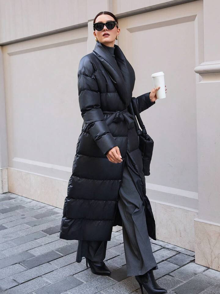 EURMUSE Shiny Black Maxi Women Winter Coat | SHEIN