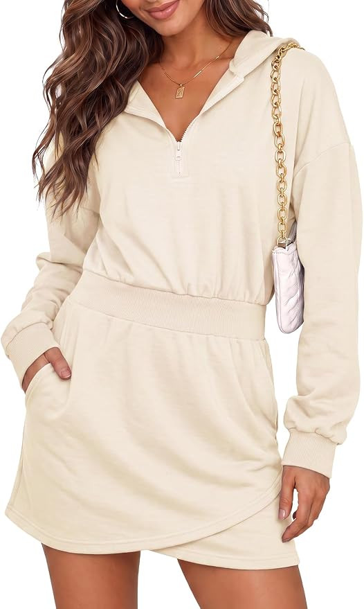 Fisoew Womens Hoodies Sweatshirt Dress Half Zip Elastic Waist Mini Dress | Amazon (US)