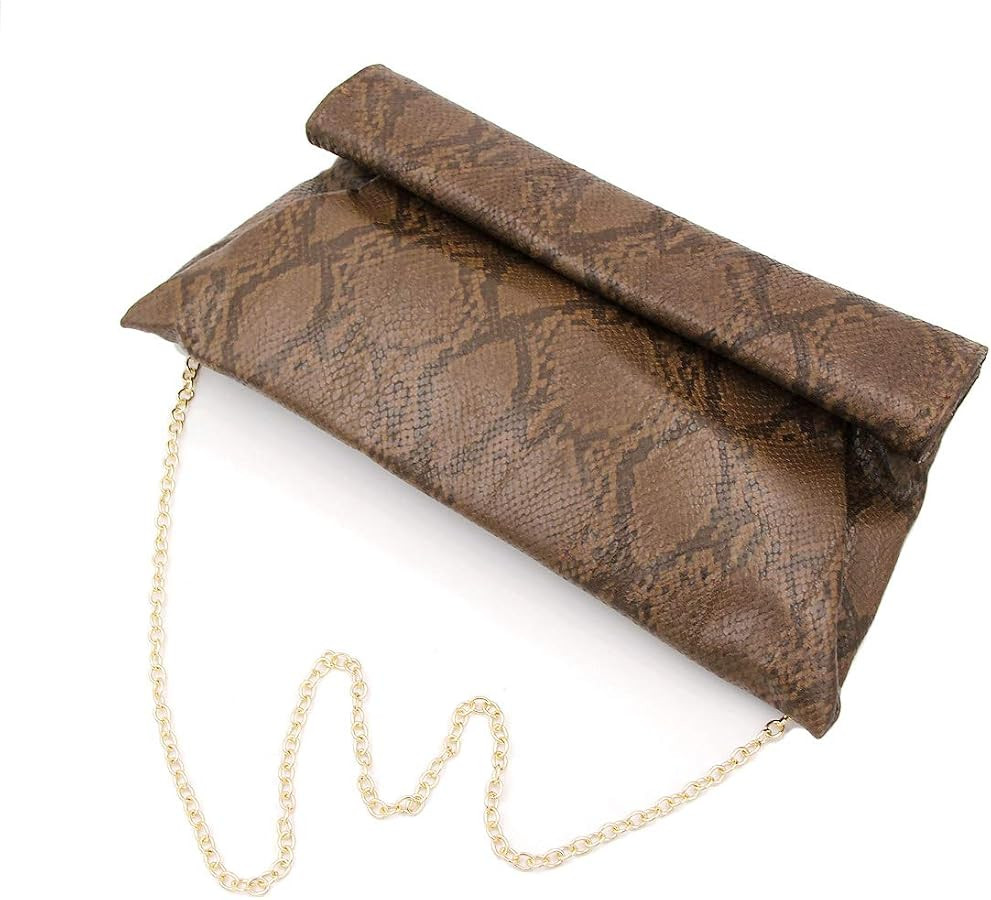 Premium Snakeskin PU Leather Roll Up Flap Clutch Evening Bag - Diff Colors | Amazon (US)