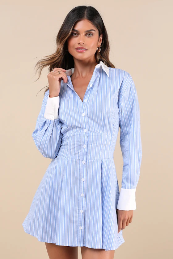 Suave Confidence Blue and White Striped Collared Mini Dress | Lulus