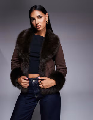 Aria Cove faux suede contrast faux fur trim jacket in chocolate | ASOS (Global)