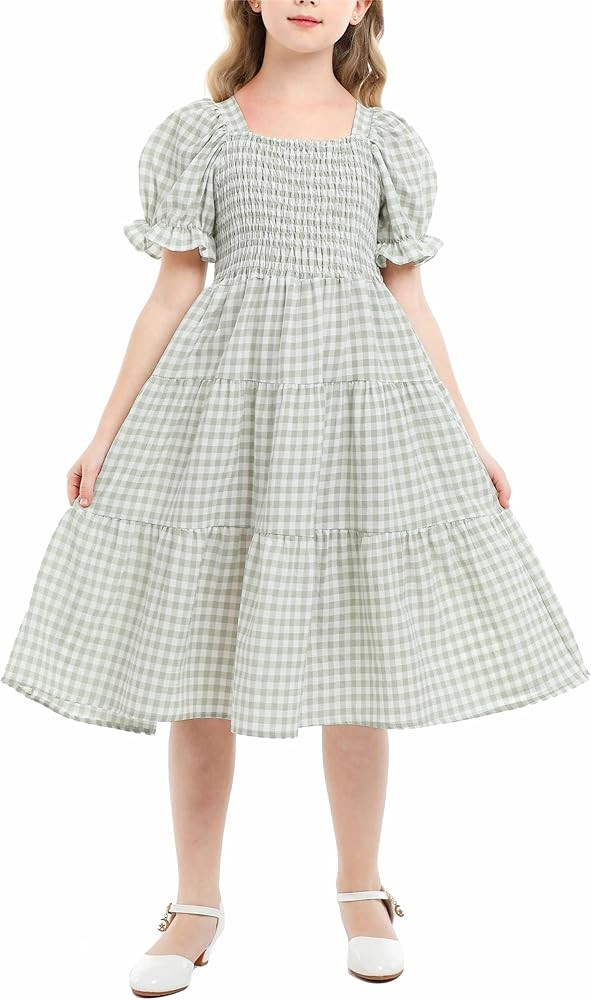 HopeKitt Girls Summer Dress Ruffle Puff Sleeve Square Neck Plaid Smocked Casual Midi Dresses 5-12... | Amazon (US)