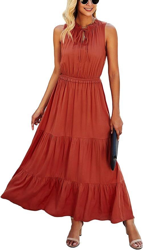 KIRUNDO 2021 Summer Women’s Sleeveless Maxi Dress Solid Color Round Neck Tie Neck Dress High Wa... | Amazon (US)