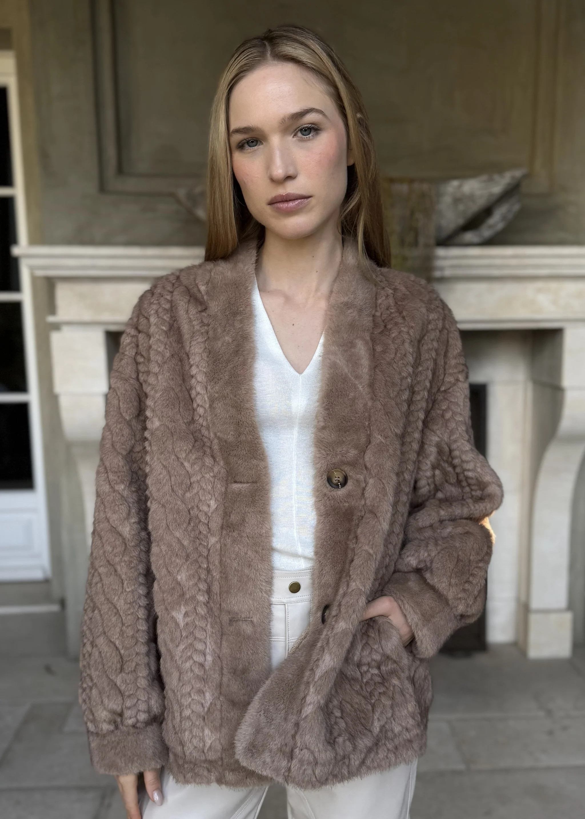 Hollis Braided Texture Long Sleeve Faux Fur Coat | Benaar La