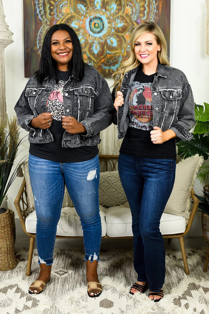 Happiness Starts With You Charcoal Gray Denim Frayed Jacket - O3353CG | Tee for the Soul