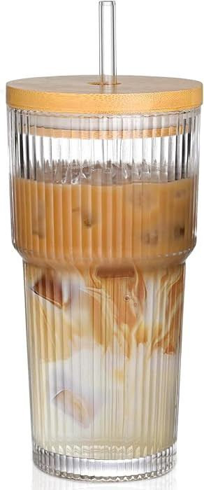 20oz Glass Cups with Lids and Straws,1PCS Ribbed Glass Coffee Cups,Iced Coffee Cups with Lid,Vint... | Amazon (US)