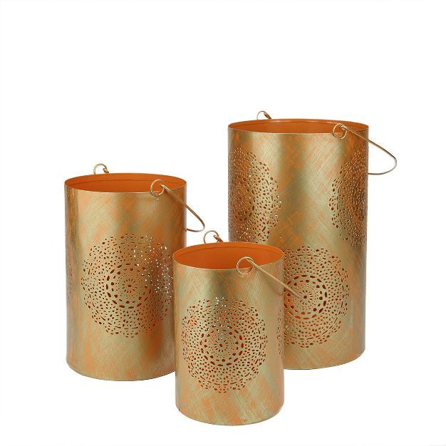 Northlight Set of 3 Orange and Gold Decorative Floral Cut-Out Pillar Candle Lanterns 10" | Target