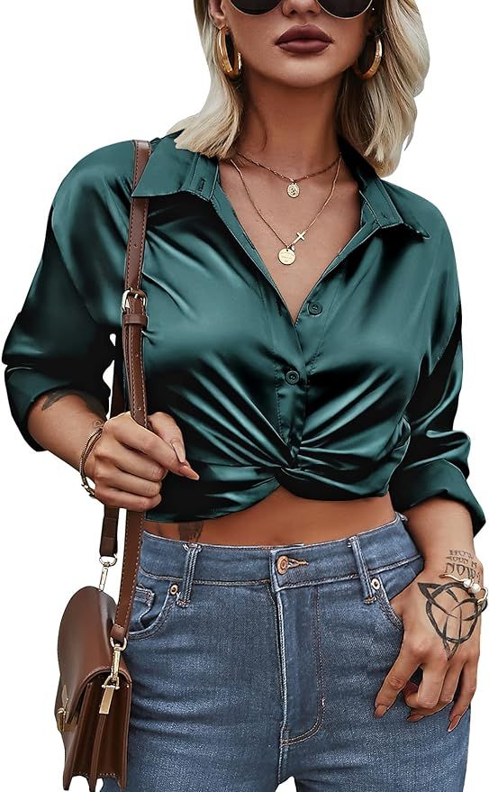 Zeagoo Women's V Neck Twist Hem Blouse Long Sleeve Crop Top Casual Button Shirts | Amazon (US)