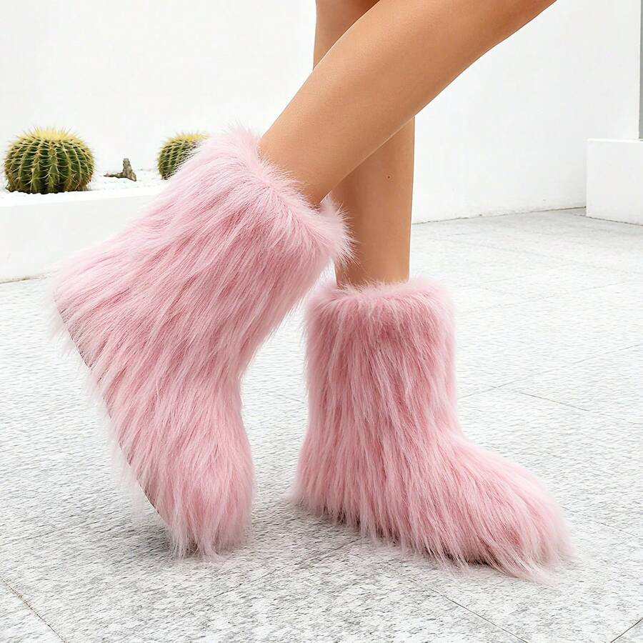 Women's Faux Fur Boots Furry Short Snow Boots Mid-Tube Warm And Comfortable Outdoor Thick-Sole Sh... | SHEIN