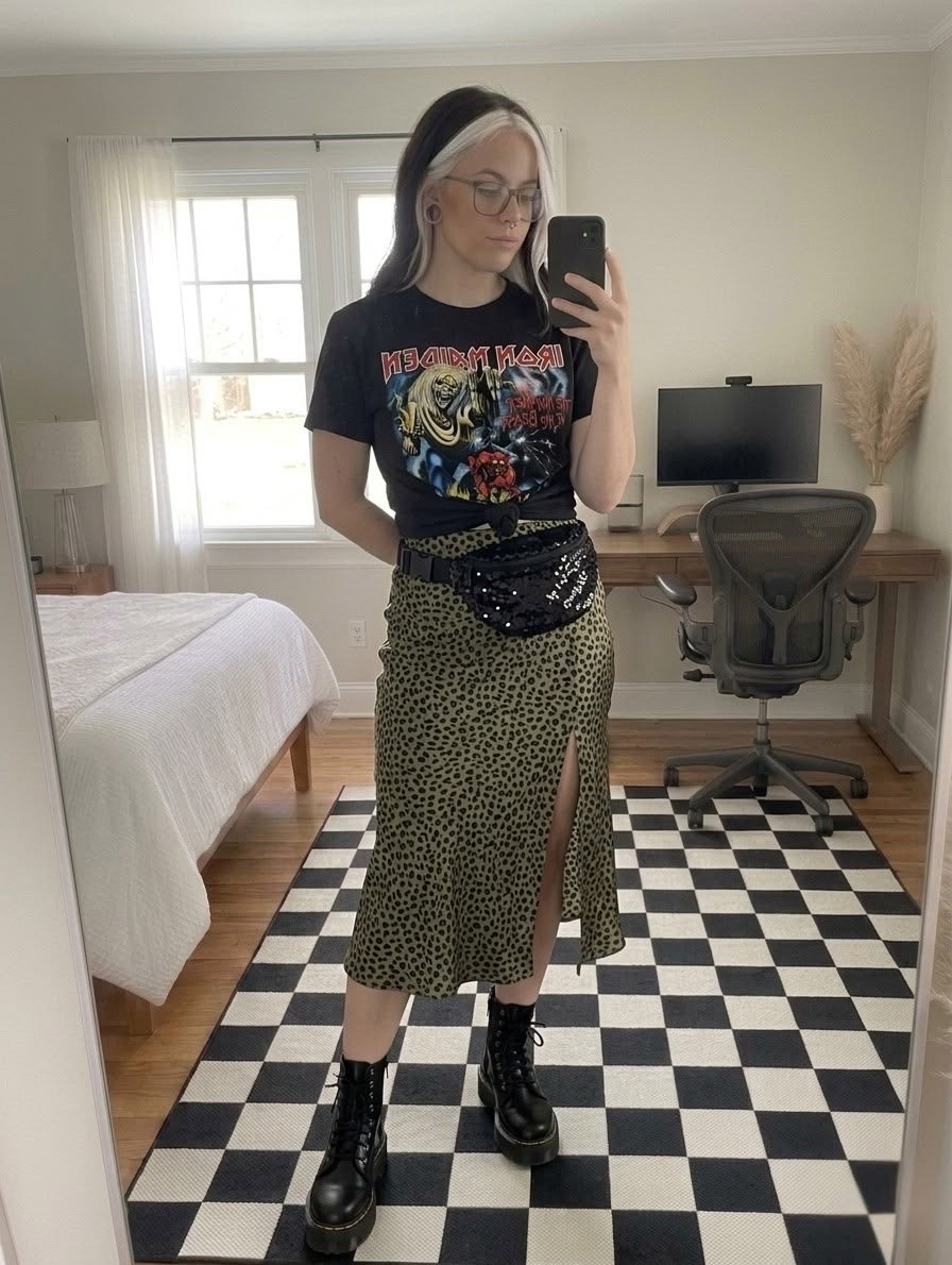 Giving my favorite band tee an upgrade by pairing it with a satin leopard print midi skirt and chunky combat boots. This is the ultimate edgy-casual look that takes you from coffee dates to concert nights! I added a black sequin belt bag to keep it hands-free and fun.

#LTKootd #LTKSeasonal #LTKMidsize