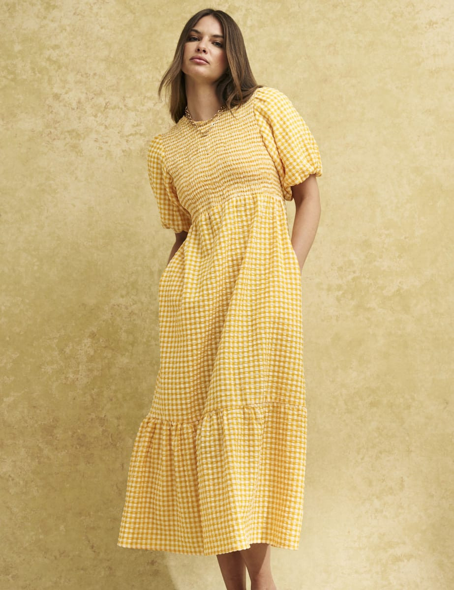 Yellow Gingham Check Kelsie Smock Midi Dress | Nobody's Child
