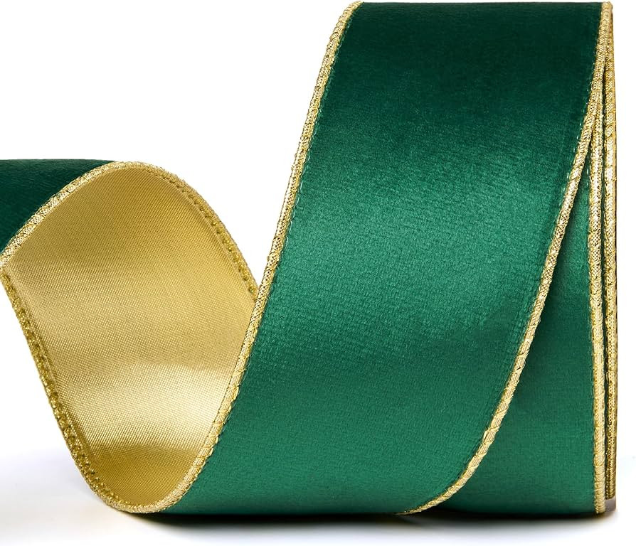 Green Velvet Ribbon 2.5" x 10 Yards – Wired Velvet Ribbon with Gold-Trimmed Edges for Gift Wrap... | Amazon (US)
