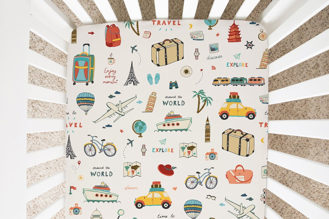 Around the world Crib Sheet Minky Jersey Sky Nursery Baby baby bedding Hot Air Balloon, Airplane,... | Etsy (US)