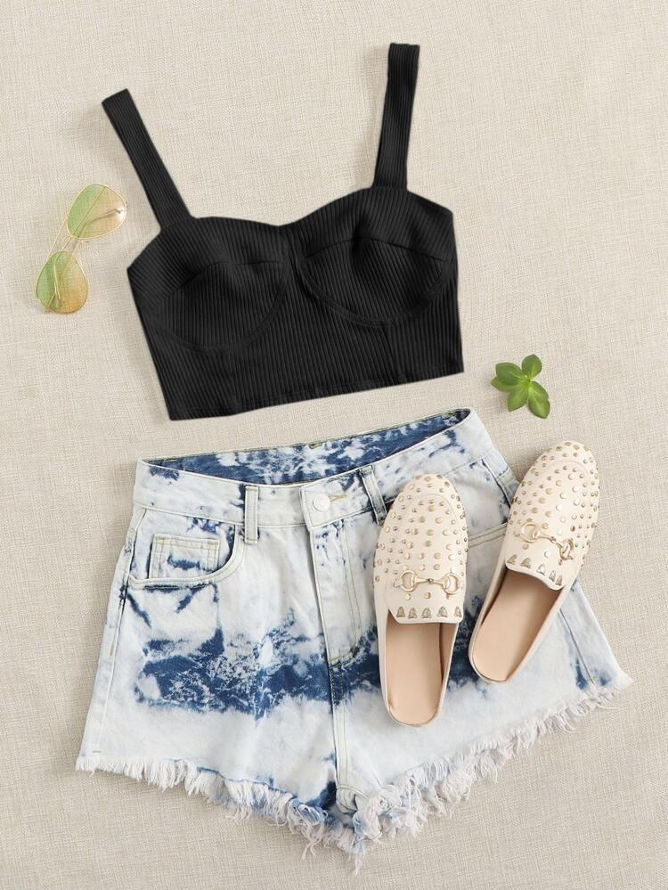 SHEIN Solid Rib-knit Bustier Crop Top | SHEIN