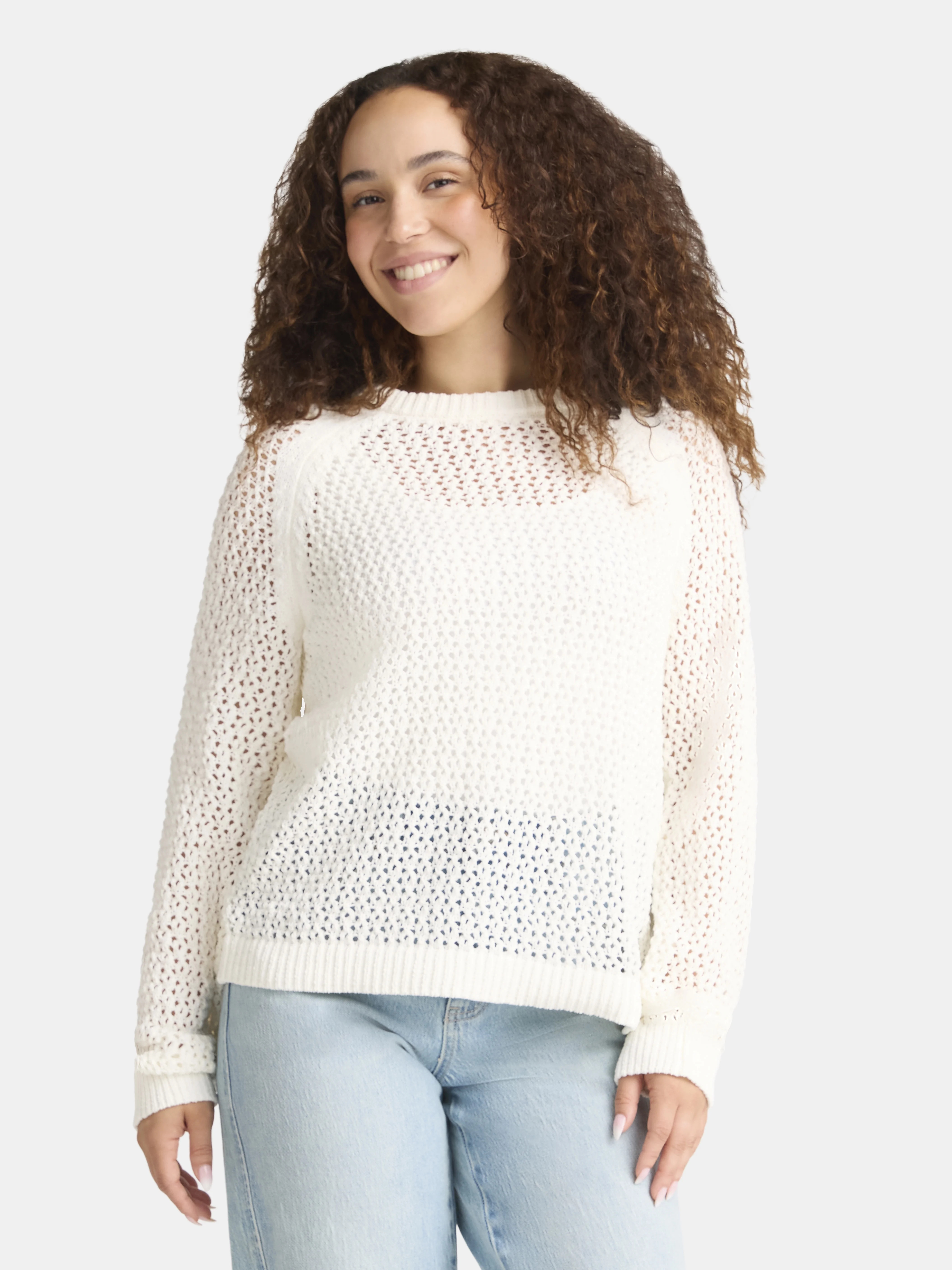 Time and Tru Women's Open Work Sweater with Long Sleeves, Sizes XS-XXXL | Walmart (US)