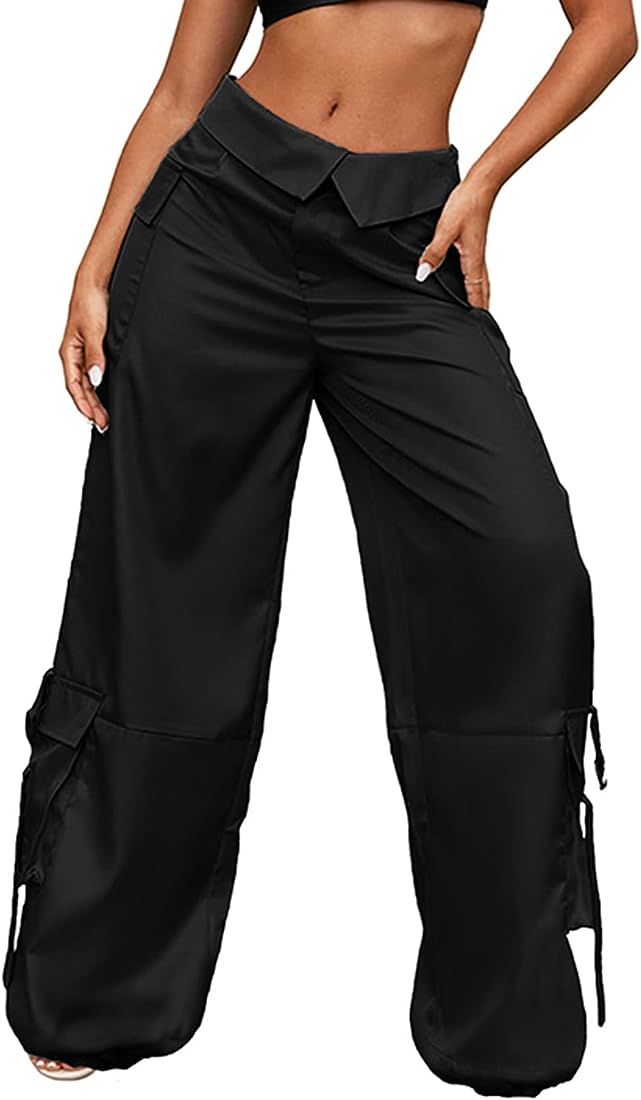RAISECOM Satin Cargo Pants for Women Lapel Waist Parachute Pants Casual Straight Pants with Flap ... | Amazon (US)