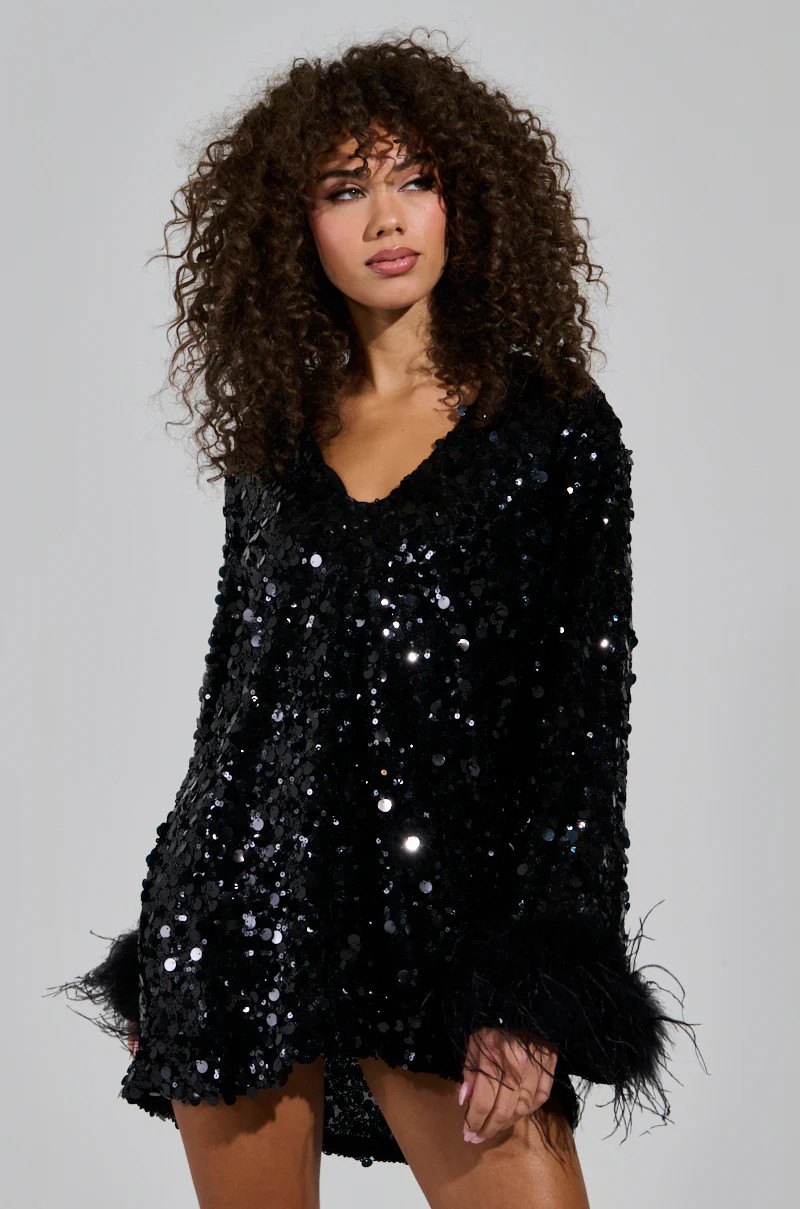 WOKE UP LIKE THIS SEQUIN MINI DRESS WITH FEATHERS | AKIRA